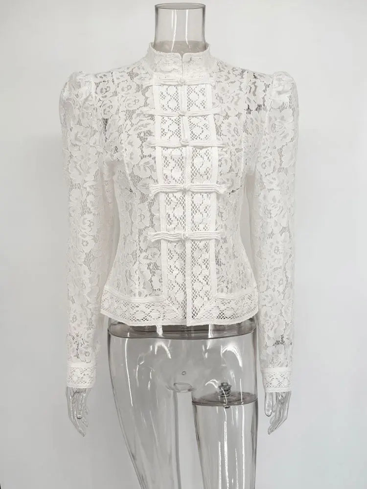 Women's Floral Lace High Neck Long Sleeve Blouse