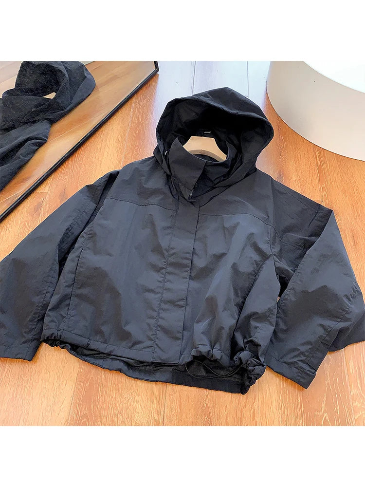 Women's Hooded Zip Front Drawstring Hem Jacket for Layered Outfits