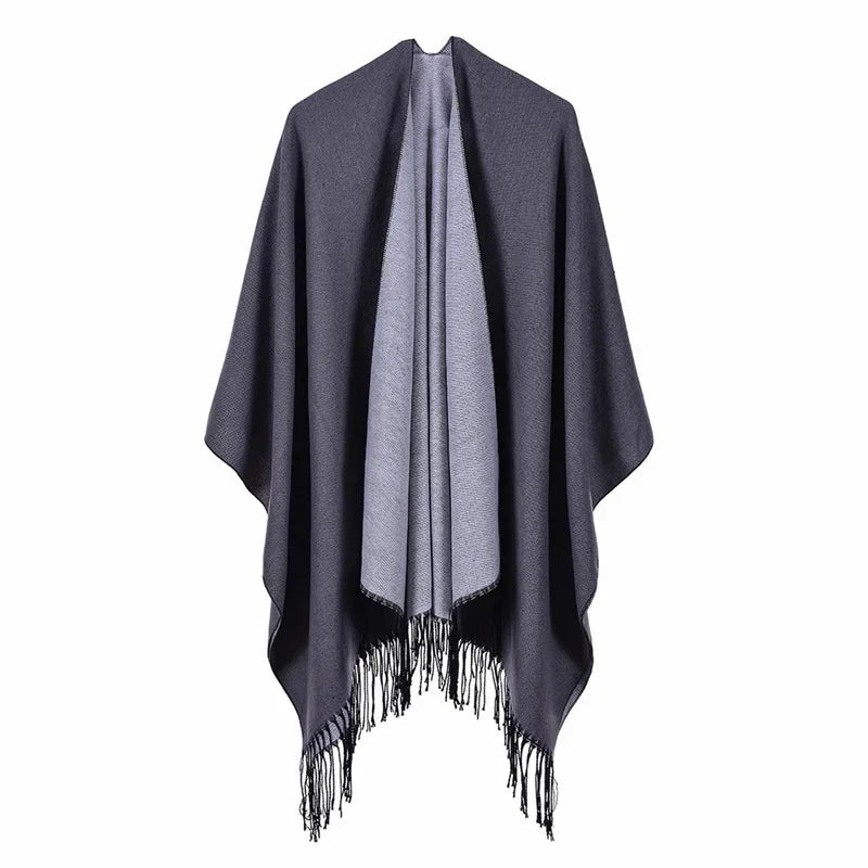Patterned Fringed Open Front Poncho for Layering over Outfits