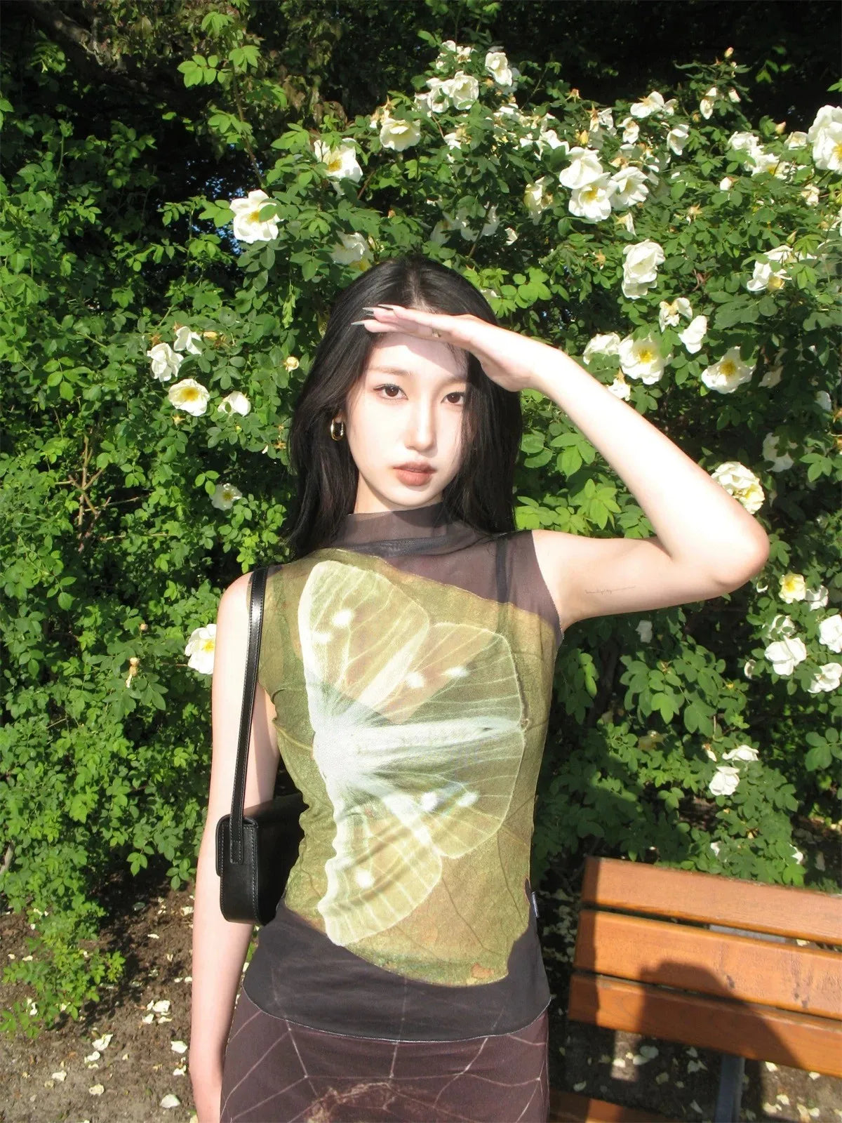 Women's Abstract Print Cotton Blend Mesh Tank Top with High Neck