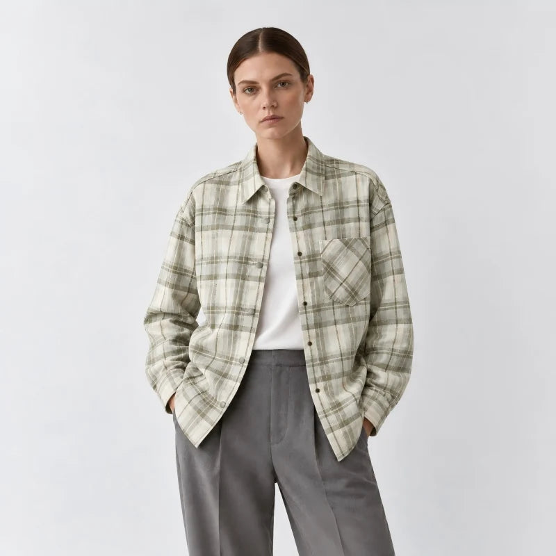 Women's Checked Relaxed Long Sleeve Button Front Overshirt