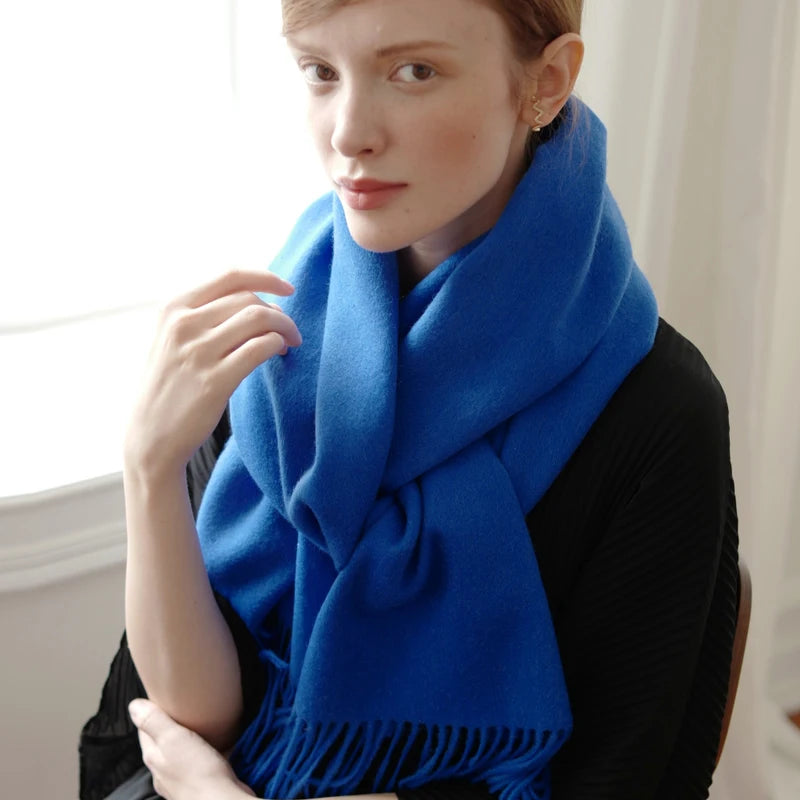 Solid Long Wool Scarf with Decorative Fringed Ends