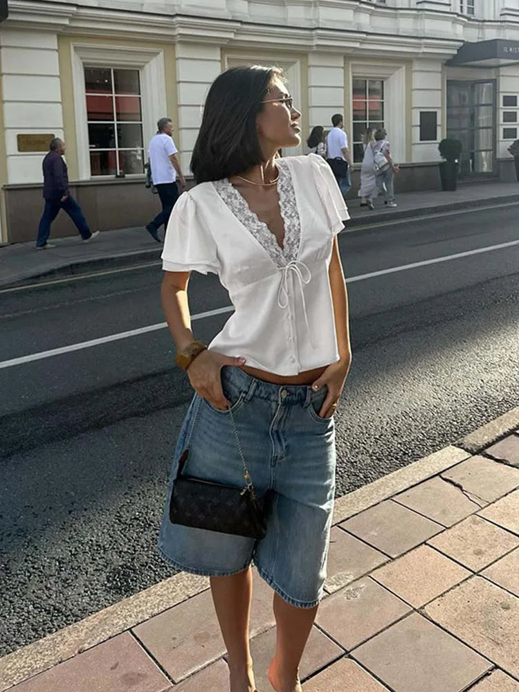 Women's V-Neck Lace-Trim Short-Sleeve Tie-Front Satin-Look Top
