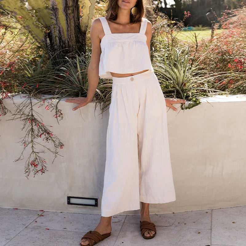 Women's Cotton-Linen Sleeveless Cropped Camisole Top with Button Detail for Summer Outfits