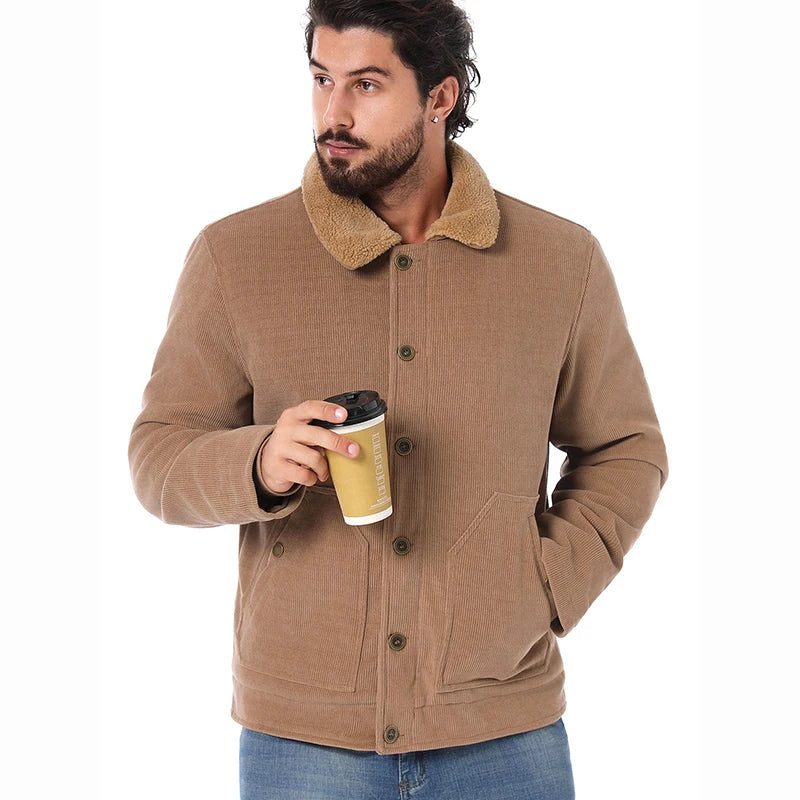 Men's Winter Corduroy Jacket Warm Fleece Lined Cargo Work Coat Casual Thick Sherpa Collar Trucker Deck Navy Jackets