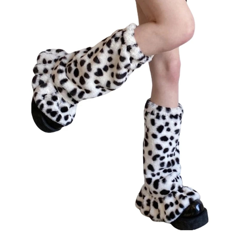 Animal Print Plush Leg Warmers with Flared Lower Shape