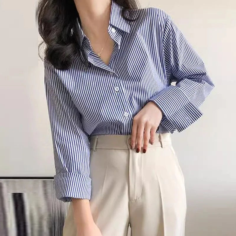 Women's Striped Collared Long Sleeve Button Front Shirt