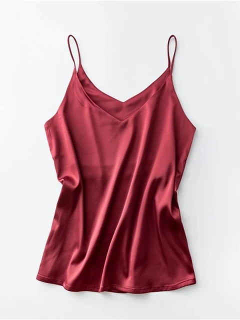 Women's V Neck Satin Silk Blend Camisole with Thin Shoulder Straps