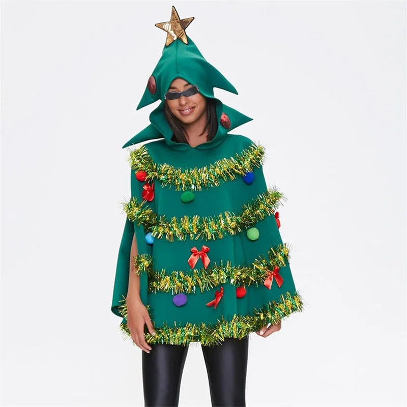 Decorated Christmas Tree Hooded Poncho for Layering over Outfits