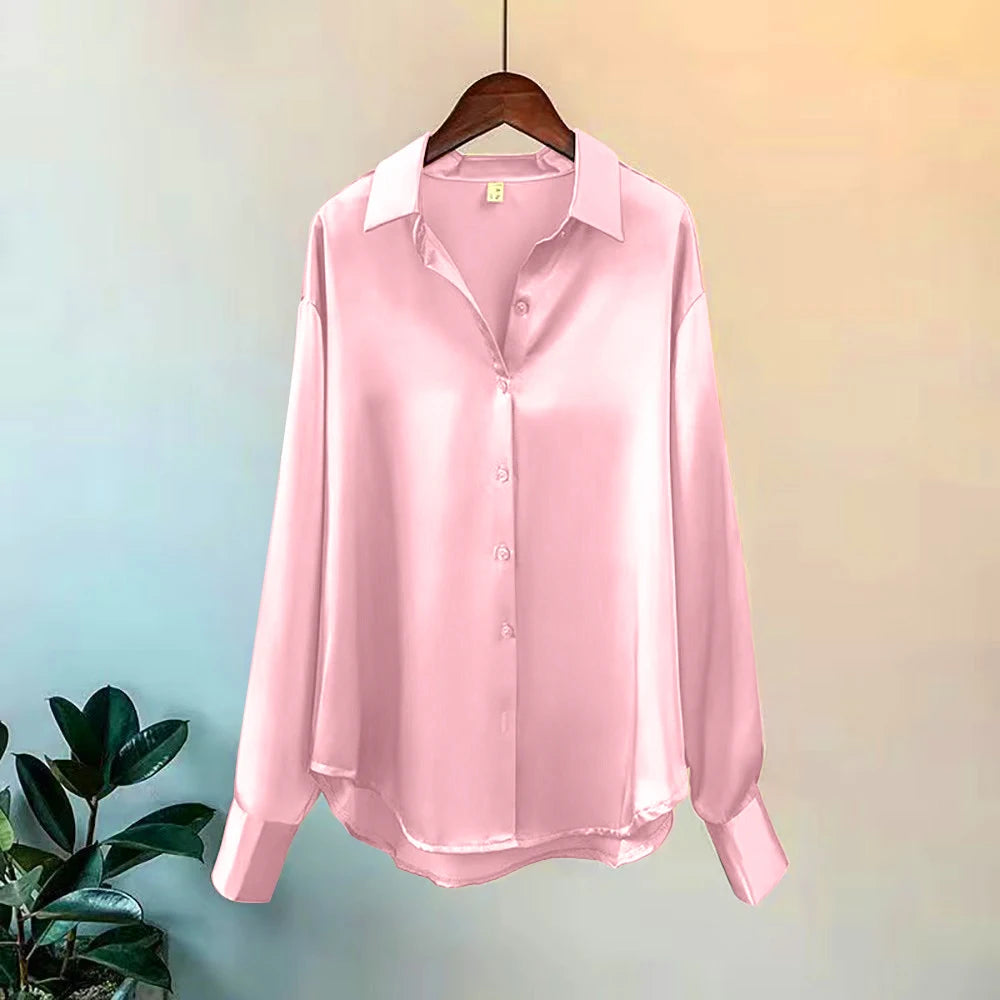 Women's Satin Look Long Sleeve Button Front Shirt