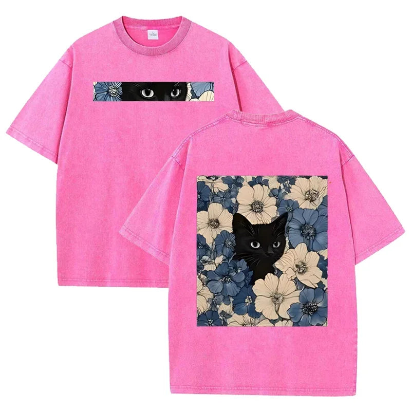 Vintage Washed Black Cat Floral T Shirt Double Sided Print Streetwear Casual Tee