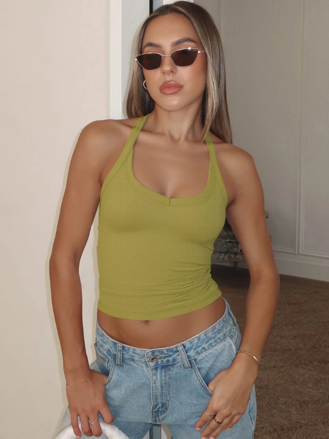 Women's Ribbed Polyester Blend Halter Crop Top with Open Back