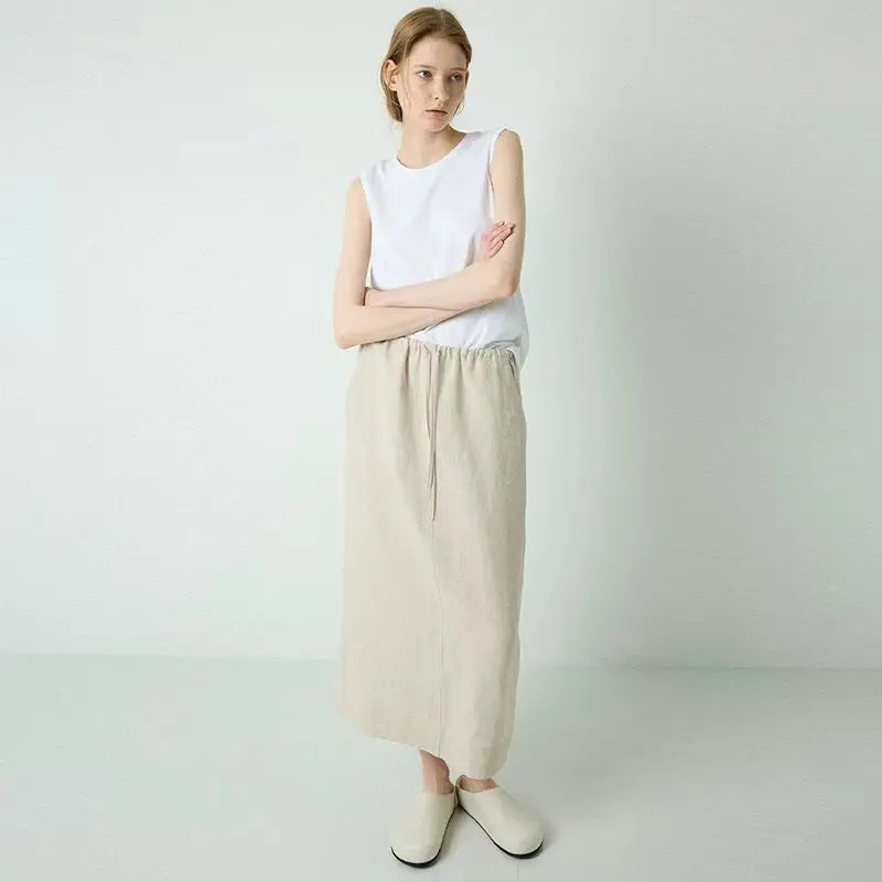 Women's Linen Straight Midi Skirt with Pockets for Casual Summer Everyday Outfits