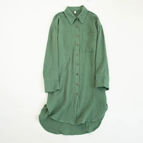 Women's Cotton Long-Sleeve Collared Loose A-Line Mini Shirt Dress with Front Buttons