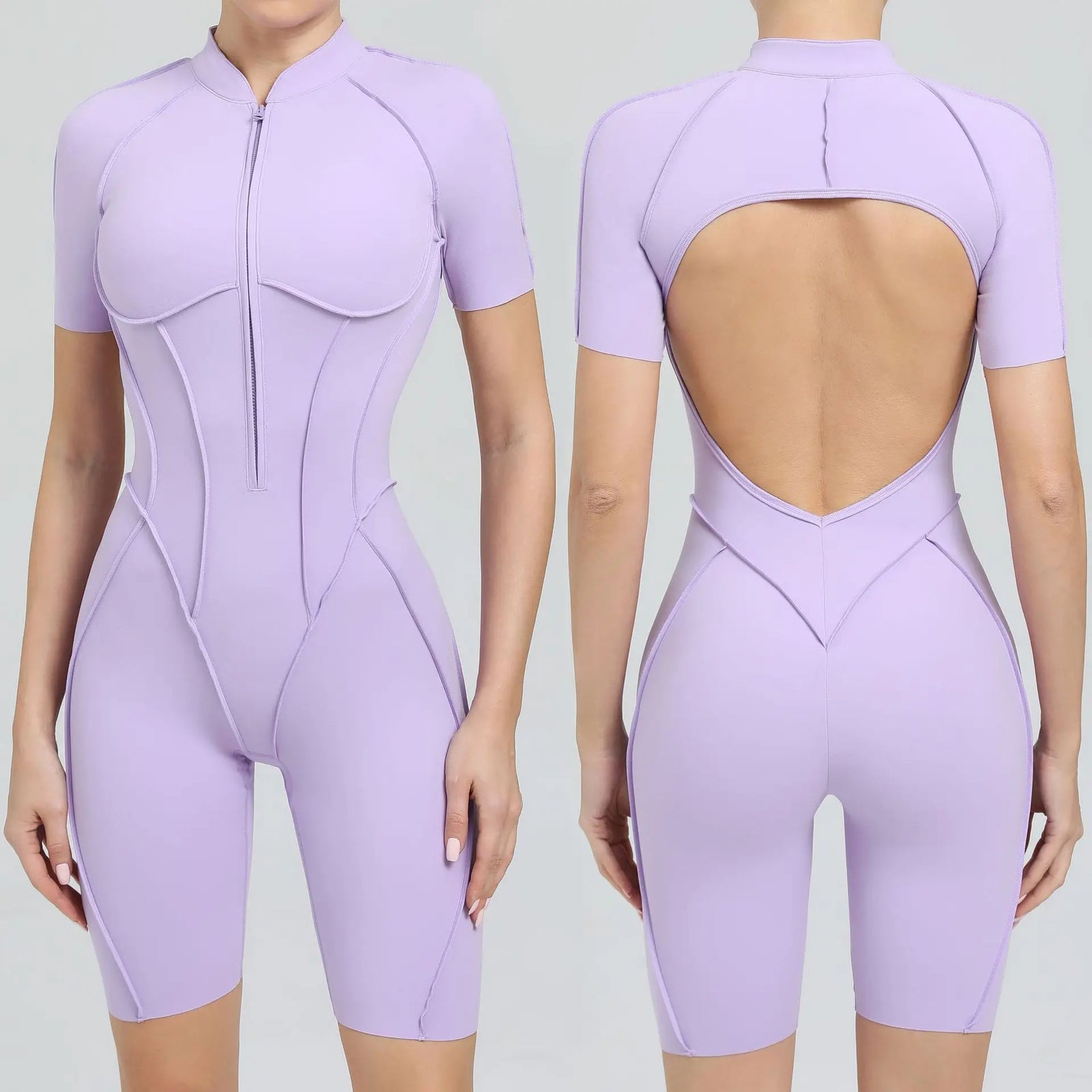 Women's Short Sleeve Nylon Blend Zip Front Romper with Contour Seams