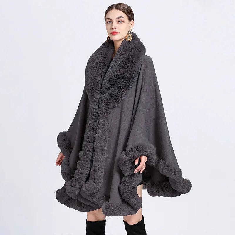 Plush Trim Hooded Poncho for Layering over Outfits