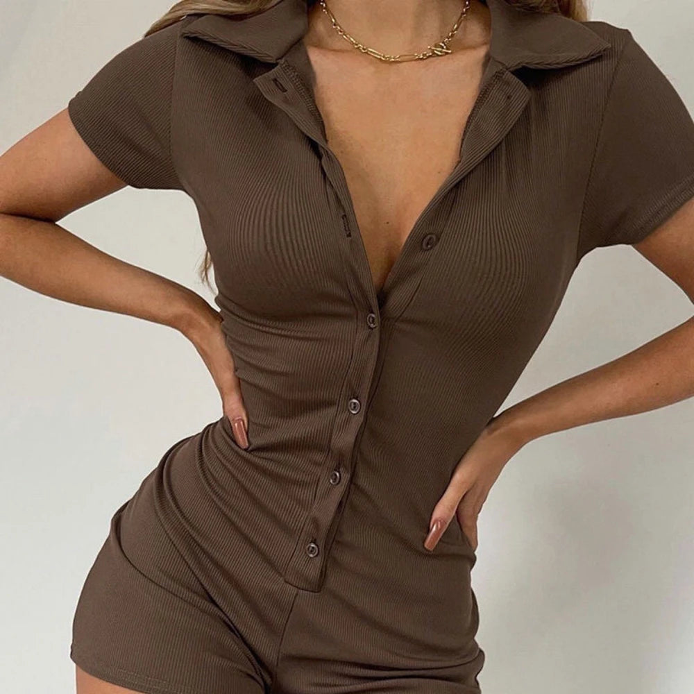 Women's Polo Collar Button Front Polyester Romper with Short Sleeves