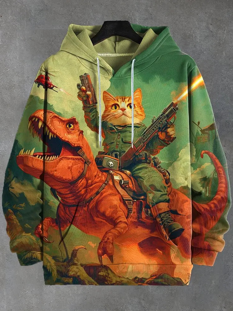 Cat Dinosaur and UFO Graphic Long-Sleeve Pullover Hoodie