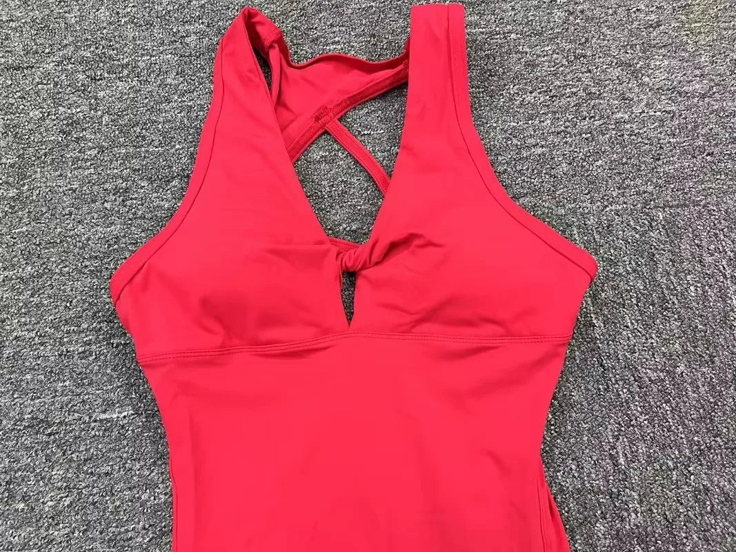 Women's Cross Back Workout Jumpsuit with Front Keyhole and Fitted Legs