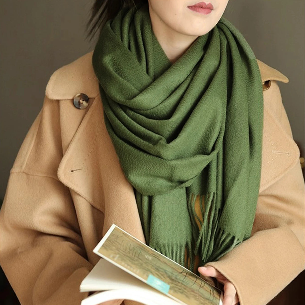 Solid Long Wool Scarf with Decorative Fringed Ends