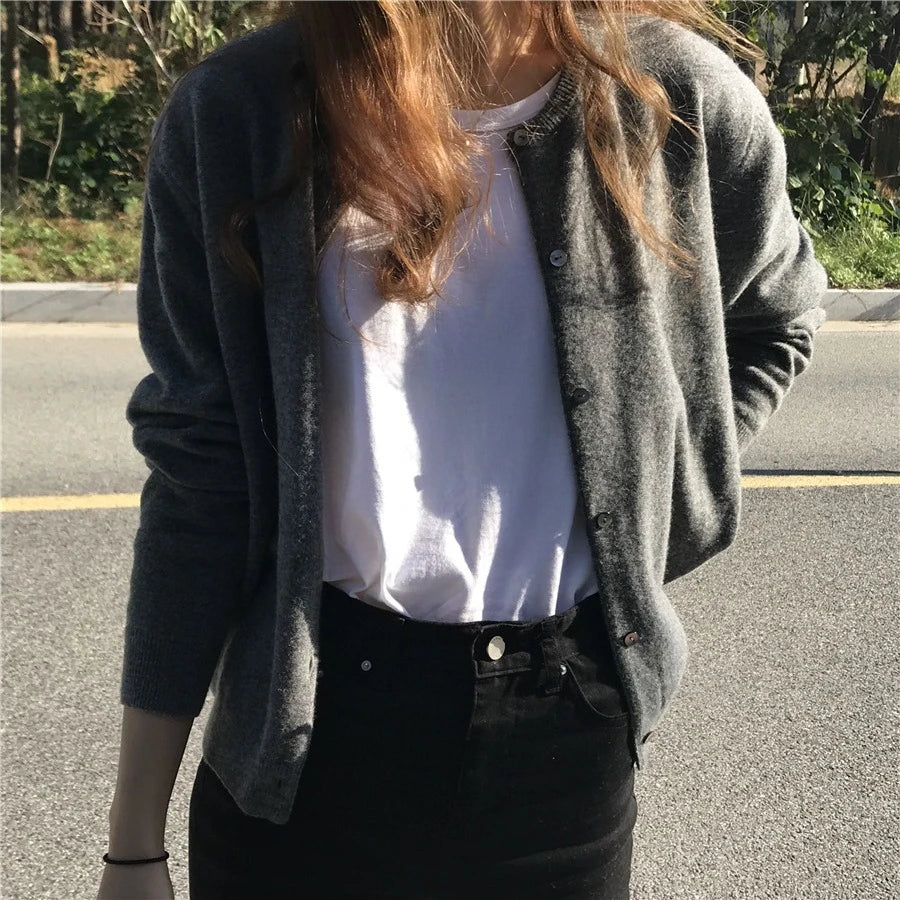 Women's Crew Neck Button Front Cardigan Casual Knit Layer
