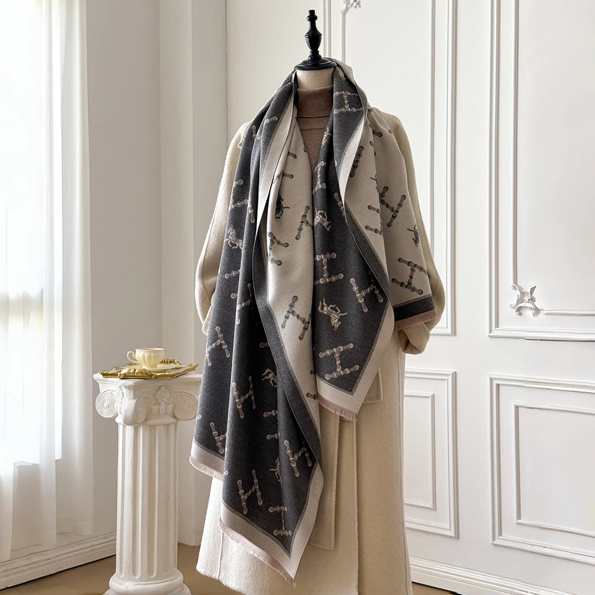 Monogram Pattern Fringed Wrap Scarf for Layering over Outfits