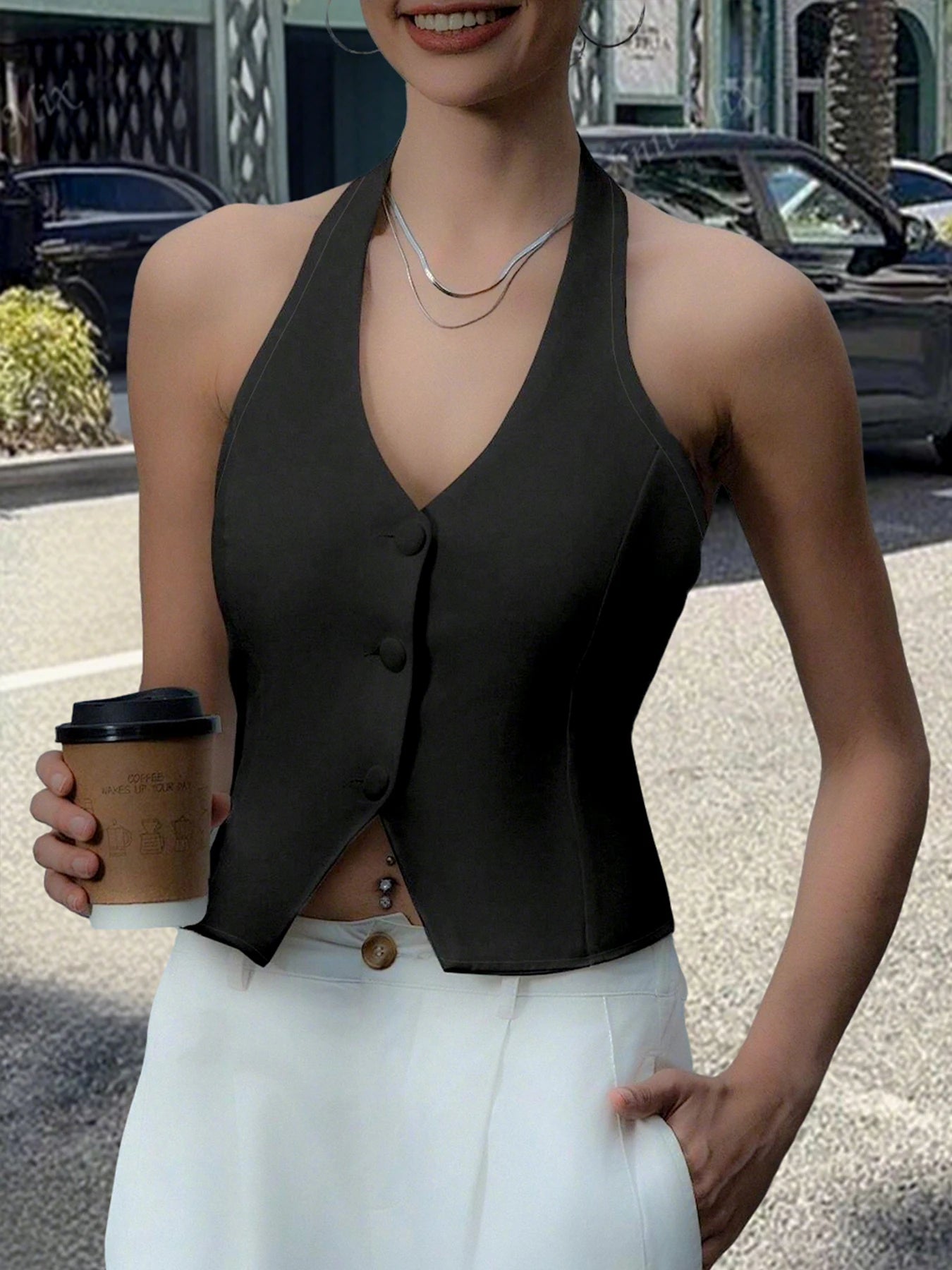 Women's Halter Vest with Button Front and Ties at the Back
