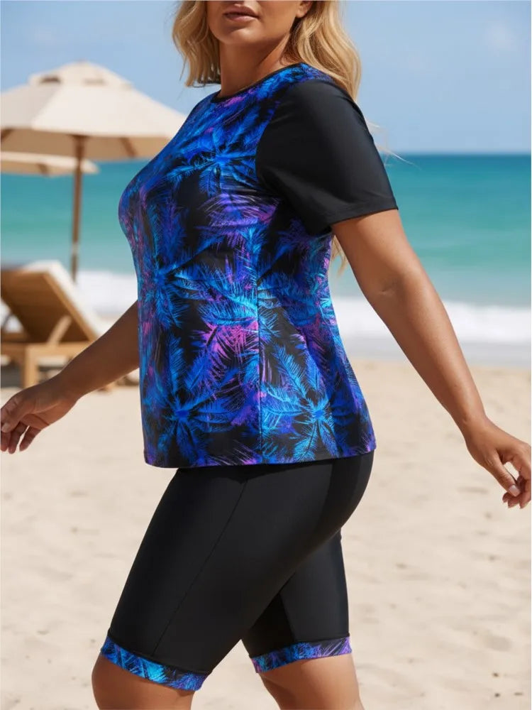 Women's Printed Short Sleeve Swim Top and Long Shorts Set