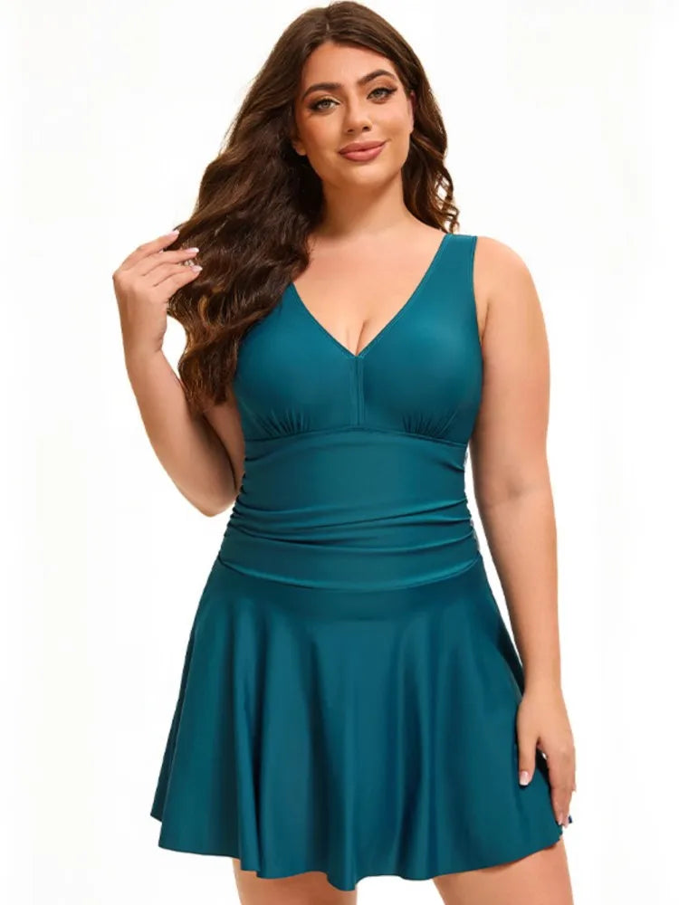 Women's V Neck Ruched Waist Skirted Swimdress Bathing Suit