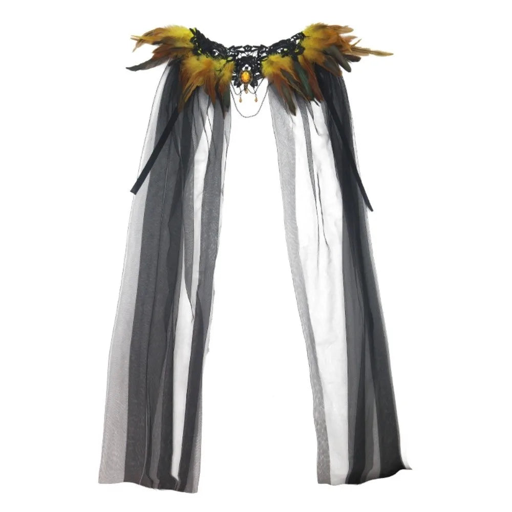 Feather Collar Sheer Long Cape for Layering over Outfits