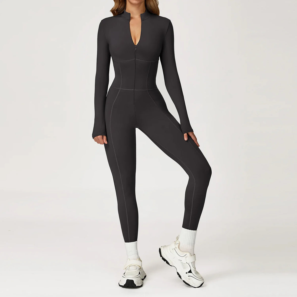 Women's Long Sleeve Nylon Blend Workout Jumpsuit with Collar and Front Zipper