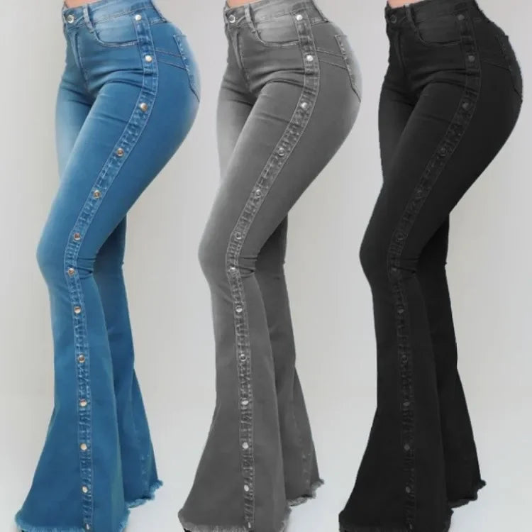 Women's Decorative Button Flared Leg Denim Jeans For Everyday Outfits