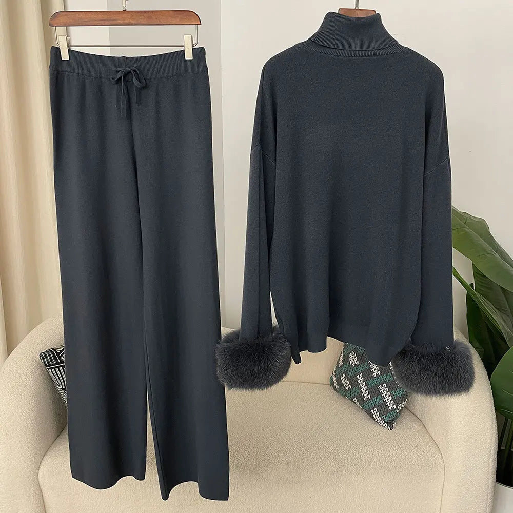Women's Knit Long-Sleeve Zip-Front Top and Pants Set with Fox-Fur Cuff Trim