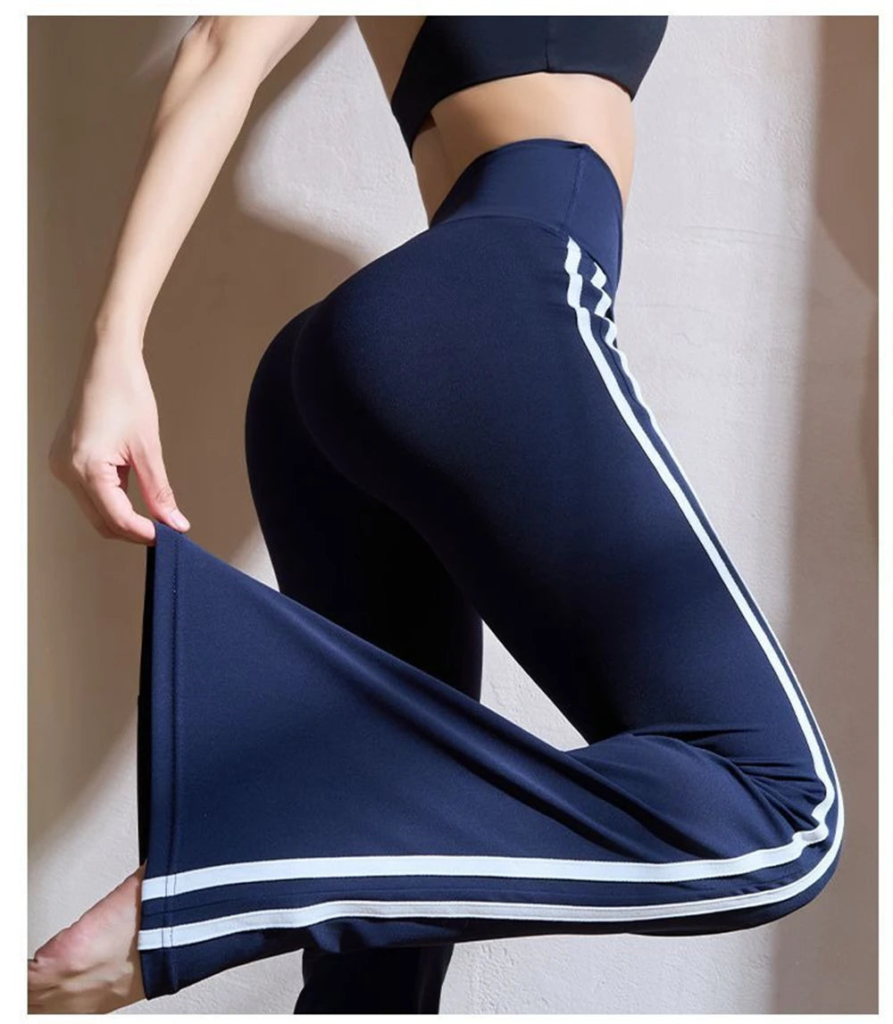 Women's High Waist Polyester Flared Workout Pants with Contrast Side Stripes