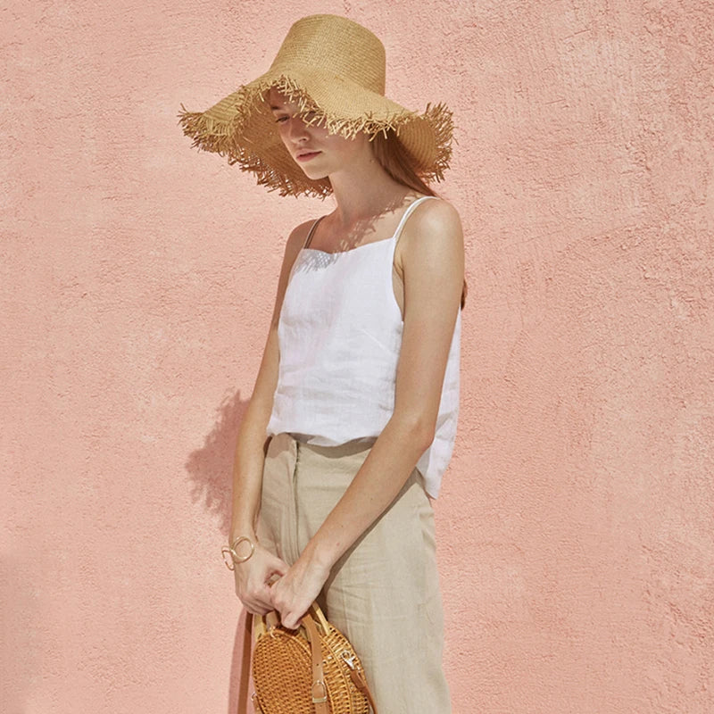 Women's Cotton-Linen Sleeveless Square-Neck Camisole Top with Straps for Casual Summer Outfits