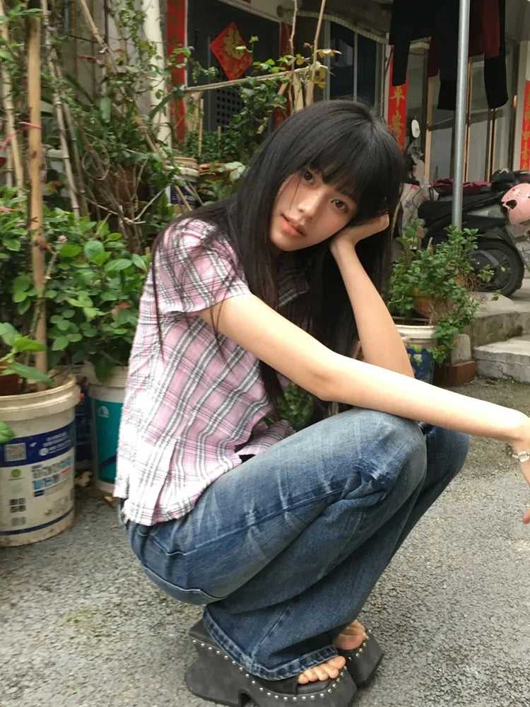 Women's Checked Collared Short Sleeve Shirt