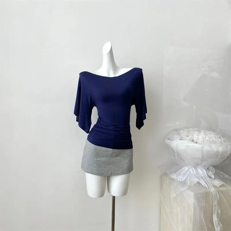 Women's Solid Polyester Slash Neck Blouse with Flared Sleeves and a Fitted Shape