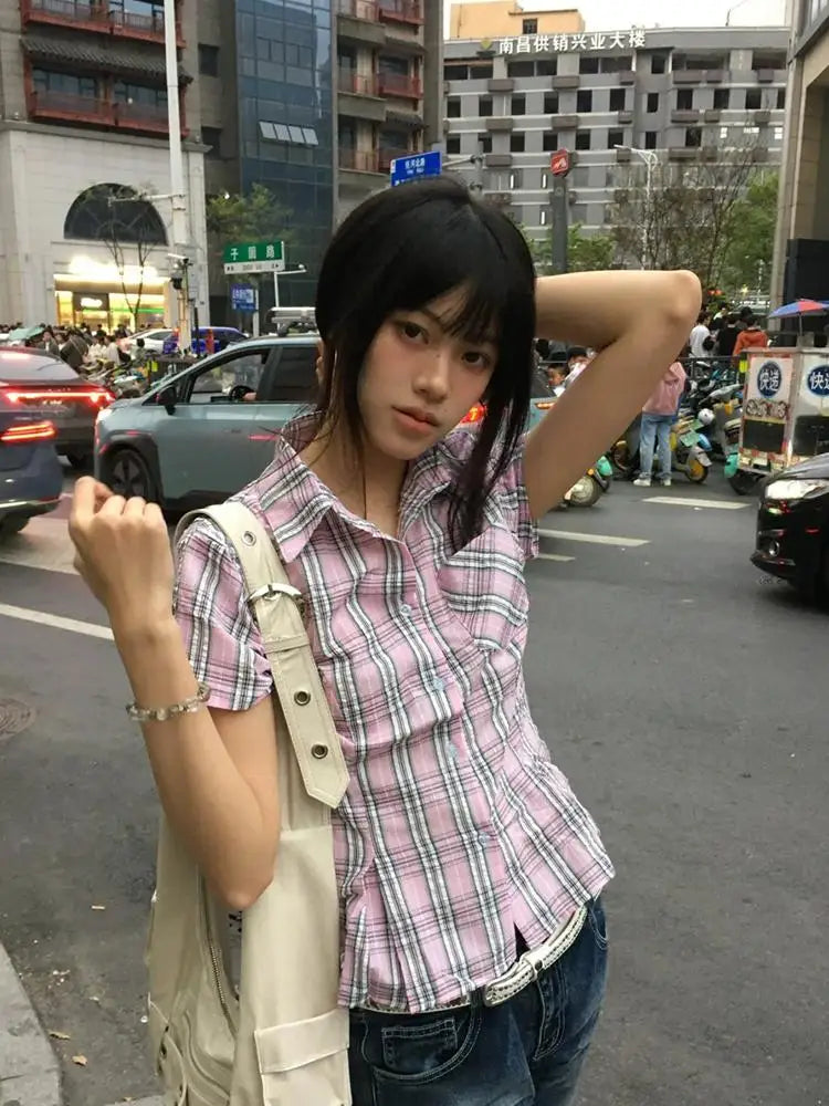 Women's Checked Collared Short Sleeve Shirt