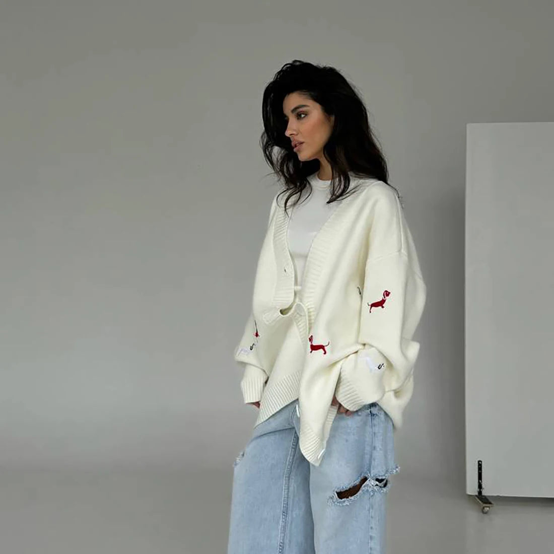 Women's Dog Embroidered Oversized Button Front Cardigan Casual Knit Layer