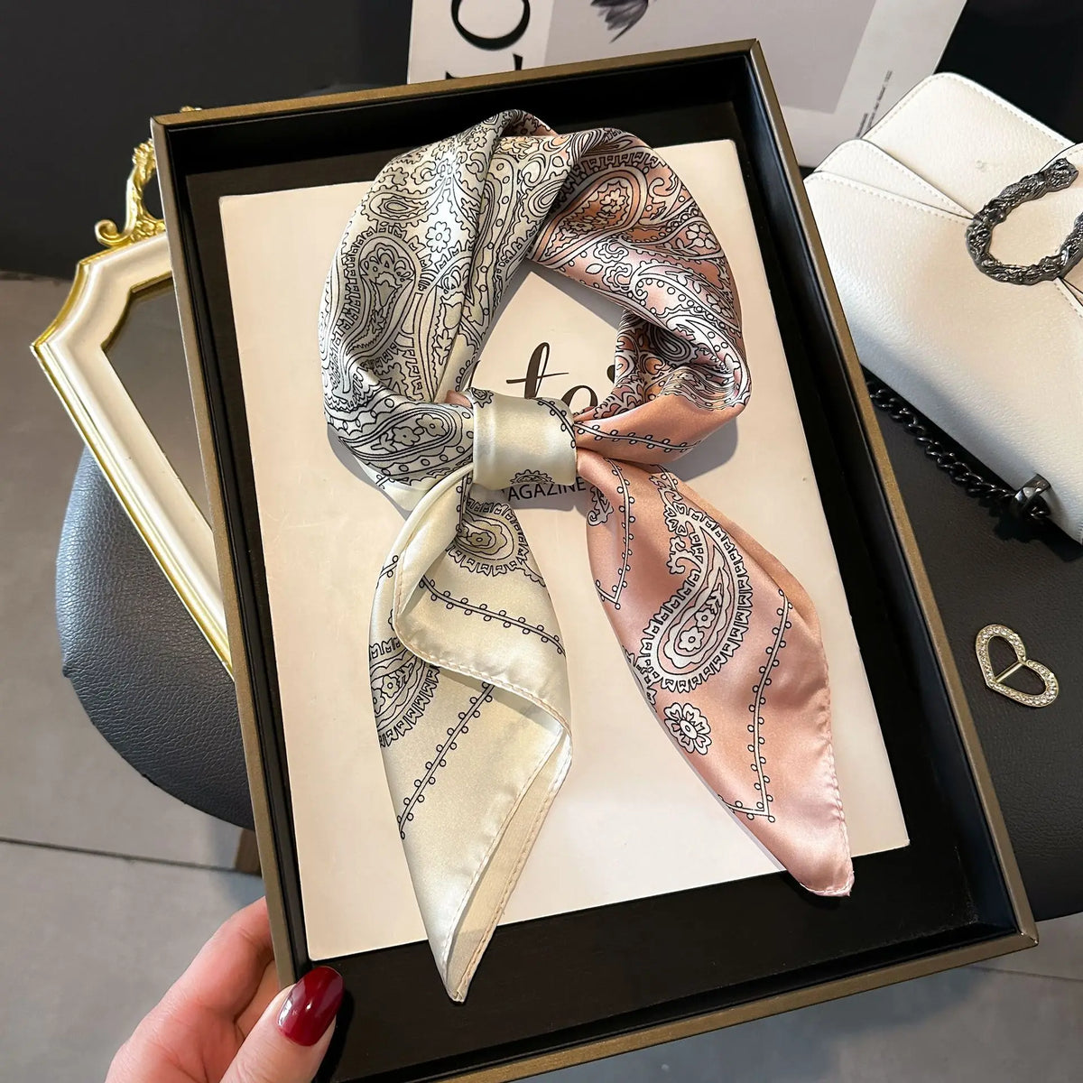 Chain Print Square Scarf with Decorative Border Designs