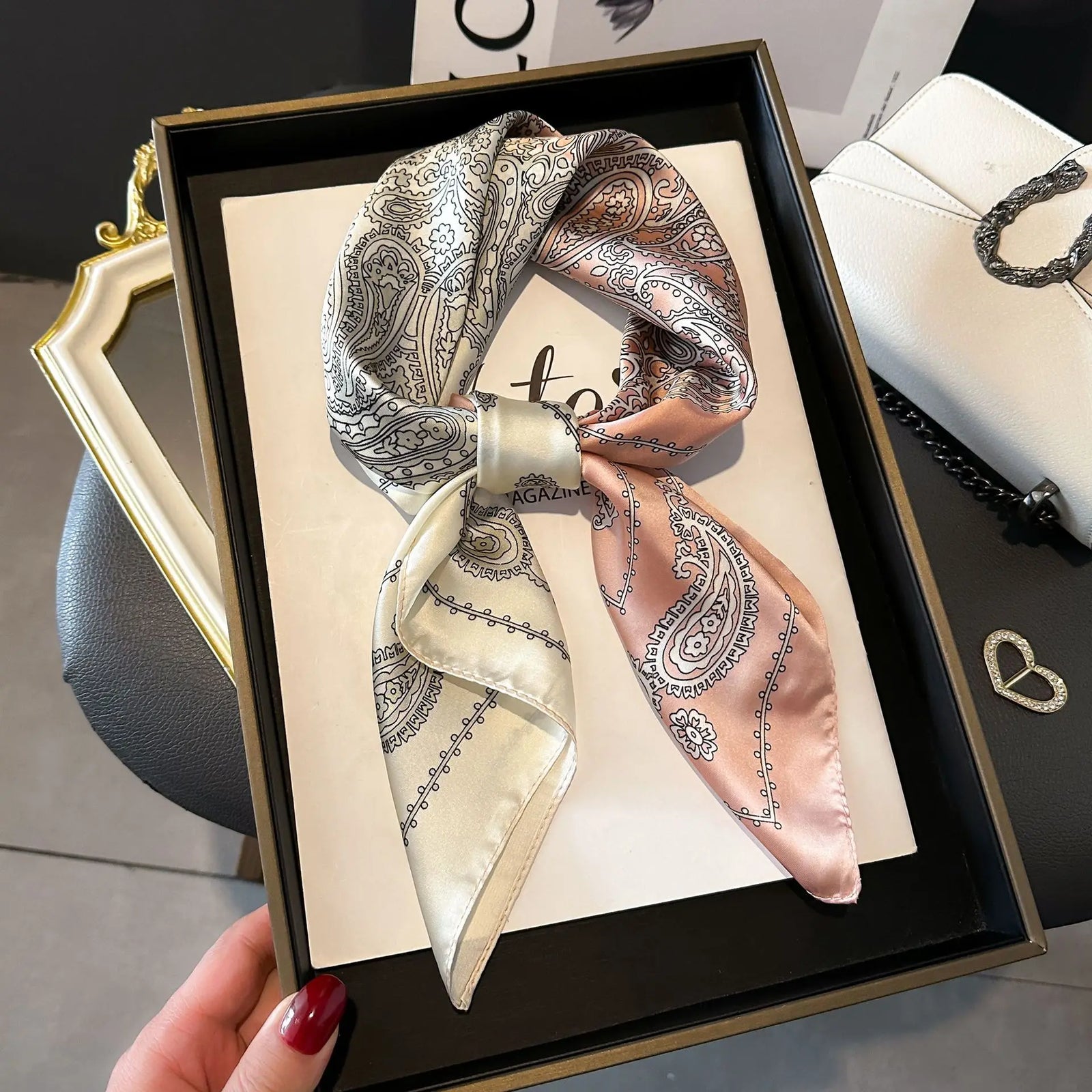 Chain Print Square Scarf with Decorative Border Designs