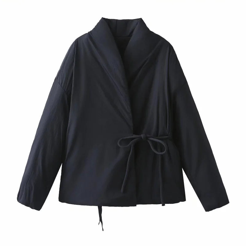Women's Polyester Belted Padded Long-Sleeve Jacket with Pockets for Casual Winter Outfits