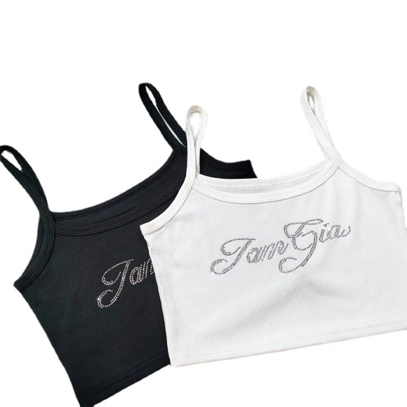 Women's Rhinestone Letter Polyester Crop Camisole with Thin Shoulder Straps