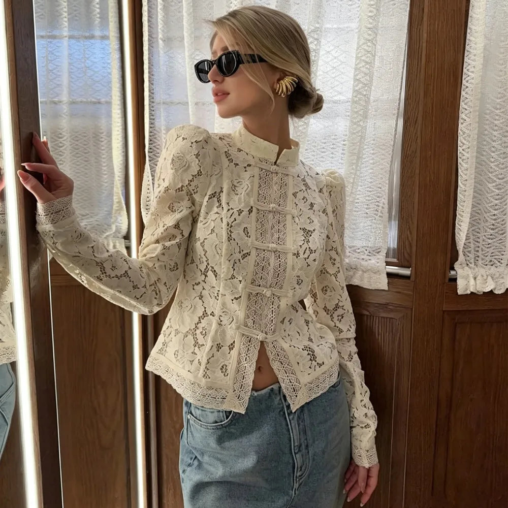 Women's Lace Detail Long Sleeve Button Front Blouse
