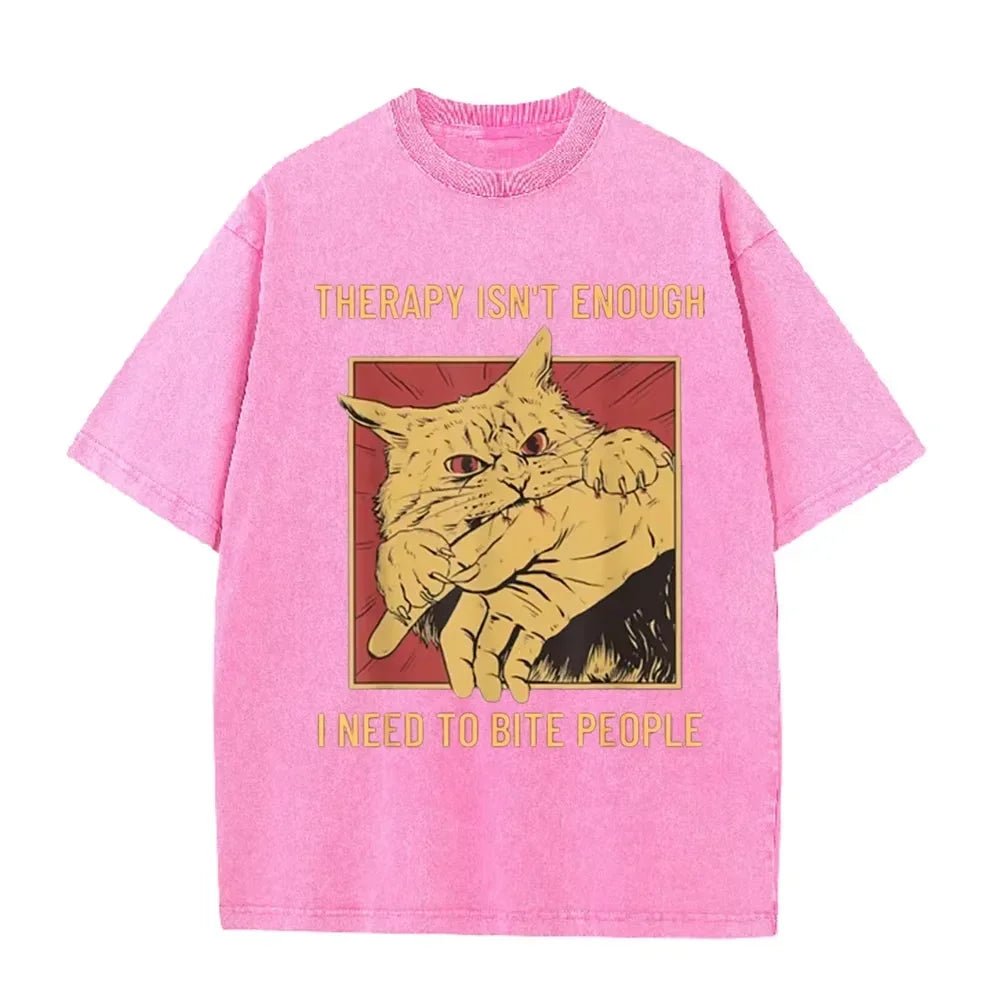 Funny Cat Bite Hand herapy Isn't Enough Print Vintage Washed Black T Shirt