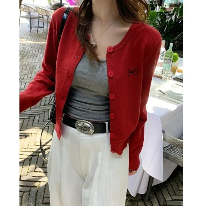 Women's Crew Neck Bow Embroidered Button Front Cardigan