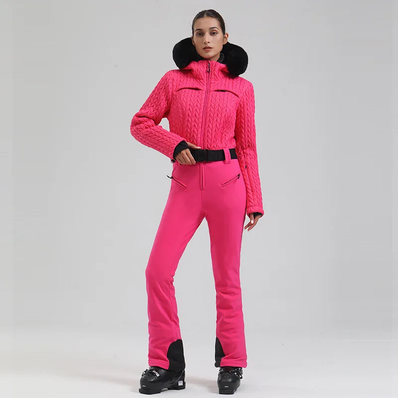 Hooded Long Sleeve Belted One Piece Ski Snow Jumpsuit