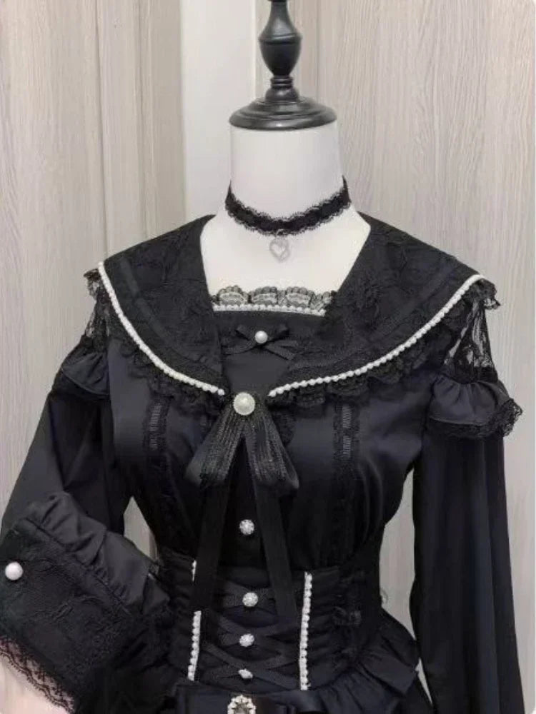 Women's Lace Trim Sailor Collar Short Sleeve Blouse