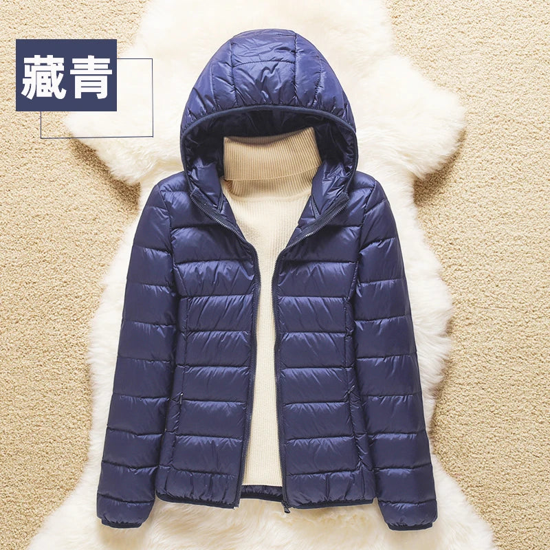 Women's Nylon-Polyester Hooded Zip-Front Duck-Down Puffer Jacket for Casual Winter Layered Outfits