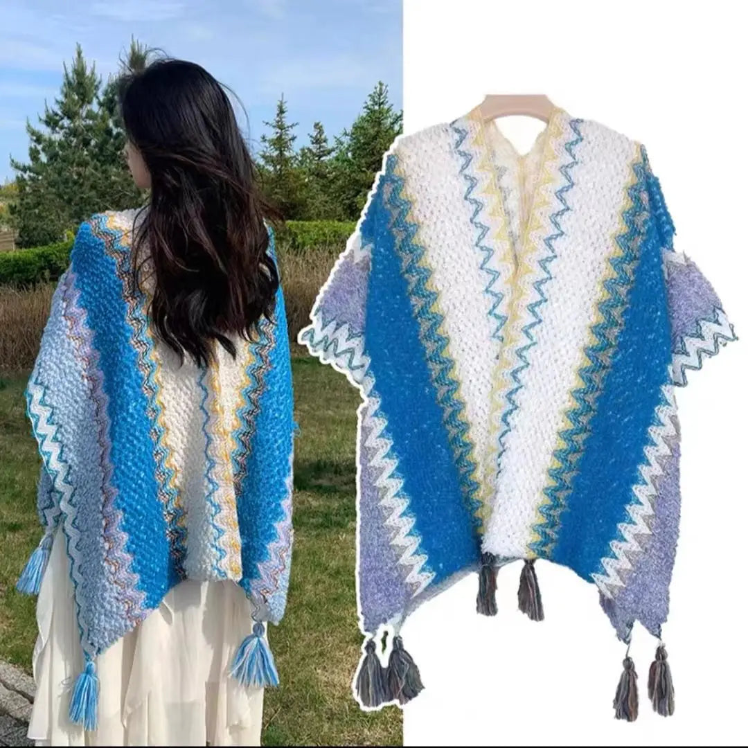 Zigzag Knit Fringe Poncho for Layering over Outfits